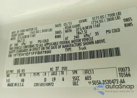 2015 Ford F-150 Lariat из США, поврежденный, VIN 1FTEW1EF1FFB57890